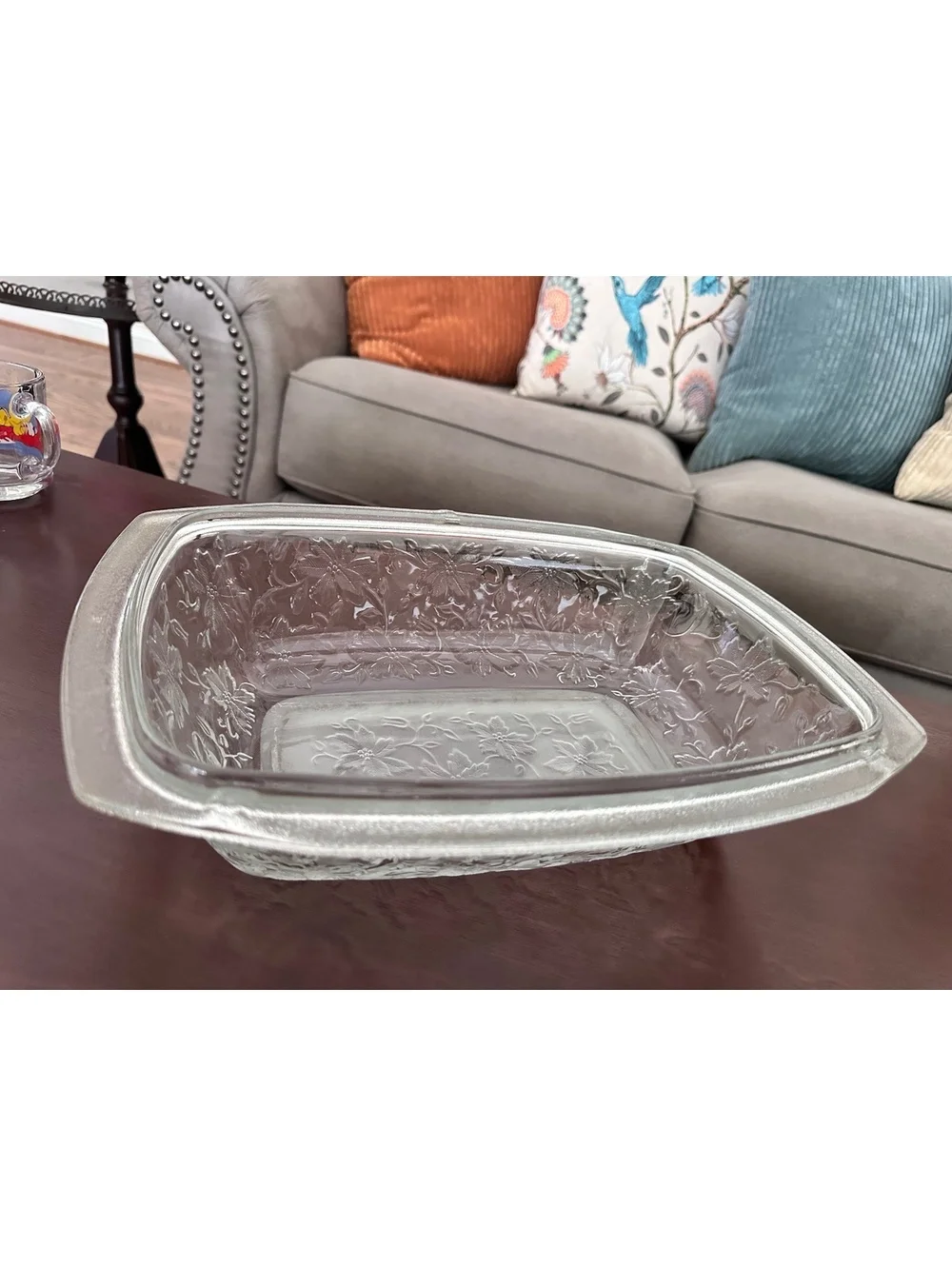 Princess House Fantasia Glass Casserole Dish Floral Pattern Integrated Handles